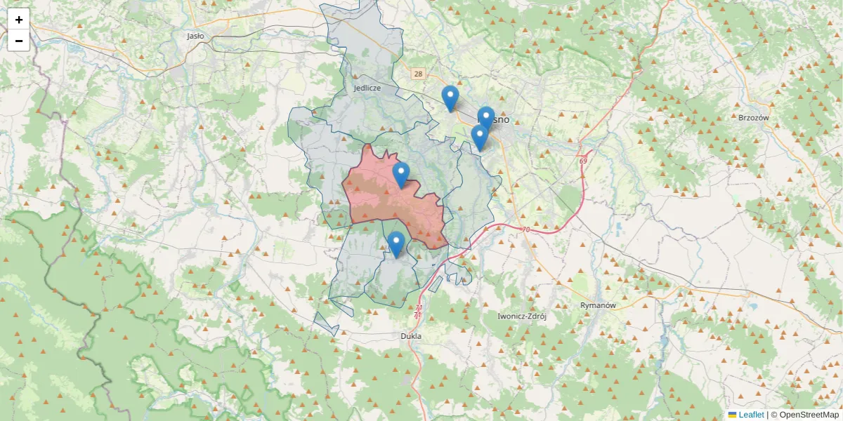 Szczegółowa mapa kodu pocztowego 38-458 z granicami, sąsiednimi kodami pocztowymi i urzędami pocztowymi