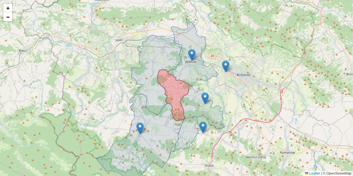 Szczegółowa mapa kodu pocztowego 38-459 z granicami, sąsiednimi kodami pocztowymi i urzędami pocztowymi