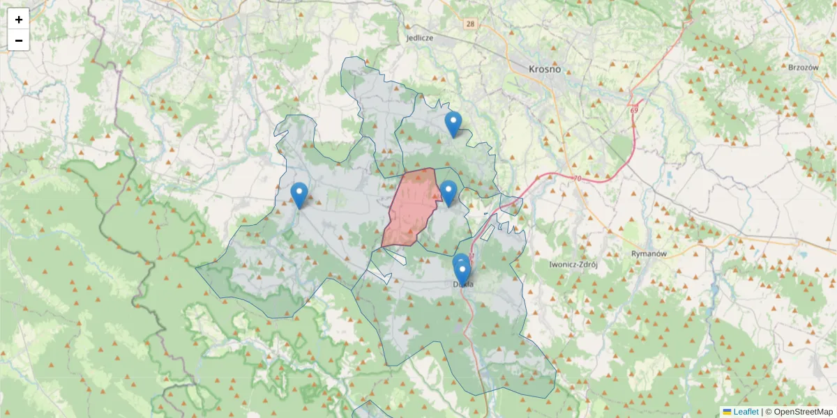 Szczegółowa mapa kodu pocztowego 38-462 z granicami, sąsiednimi kodami pocztowymi i urzędami pocztowymi