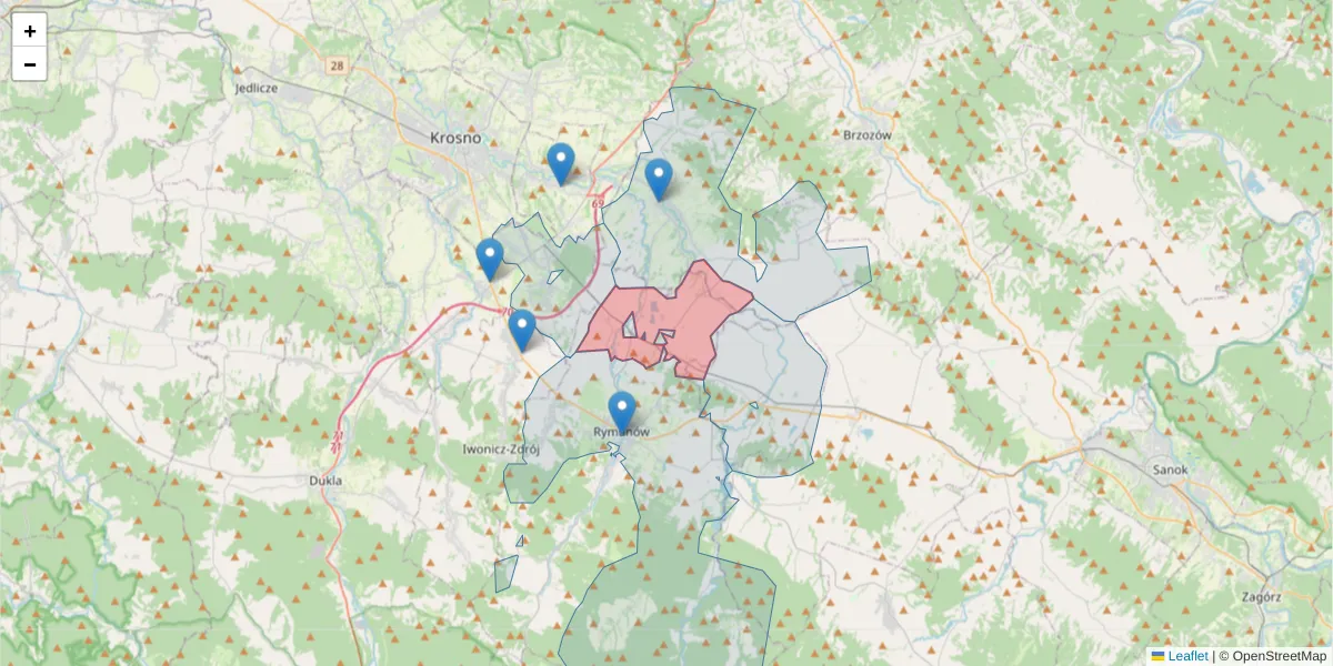 Szczegółowa mapa kodu pocztowego 38-483 z granicami, sąsiednimi kodami pocztowymi i urzędami pocztowymi