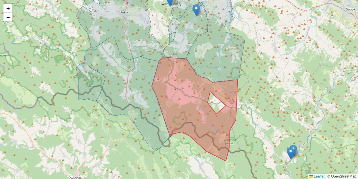 Szczegółowa mapa kodu pocztowego 38-485 z granicami, sąsiednimi kodami pocztowymi i urzędami pocztowymi