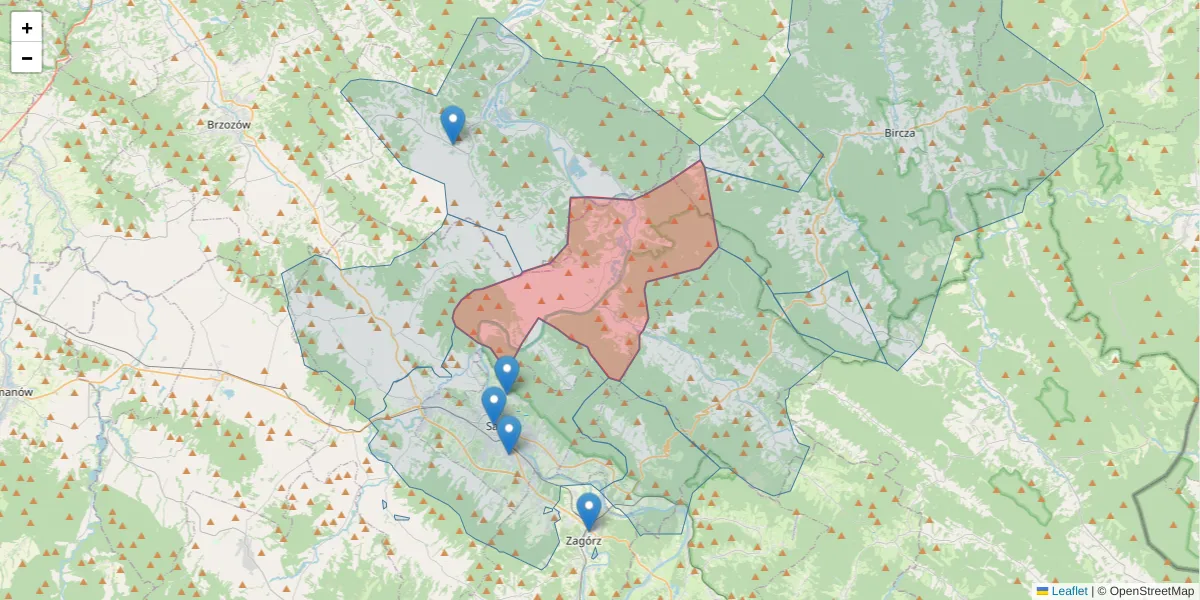 Szczegółowa mapa kodu pocztowego 38-503 z granicami, sąsiednimi kodami pocztowymi i urzędami pocztowymi