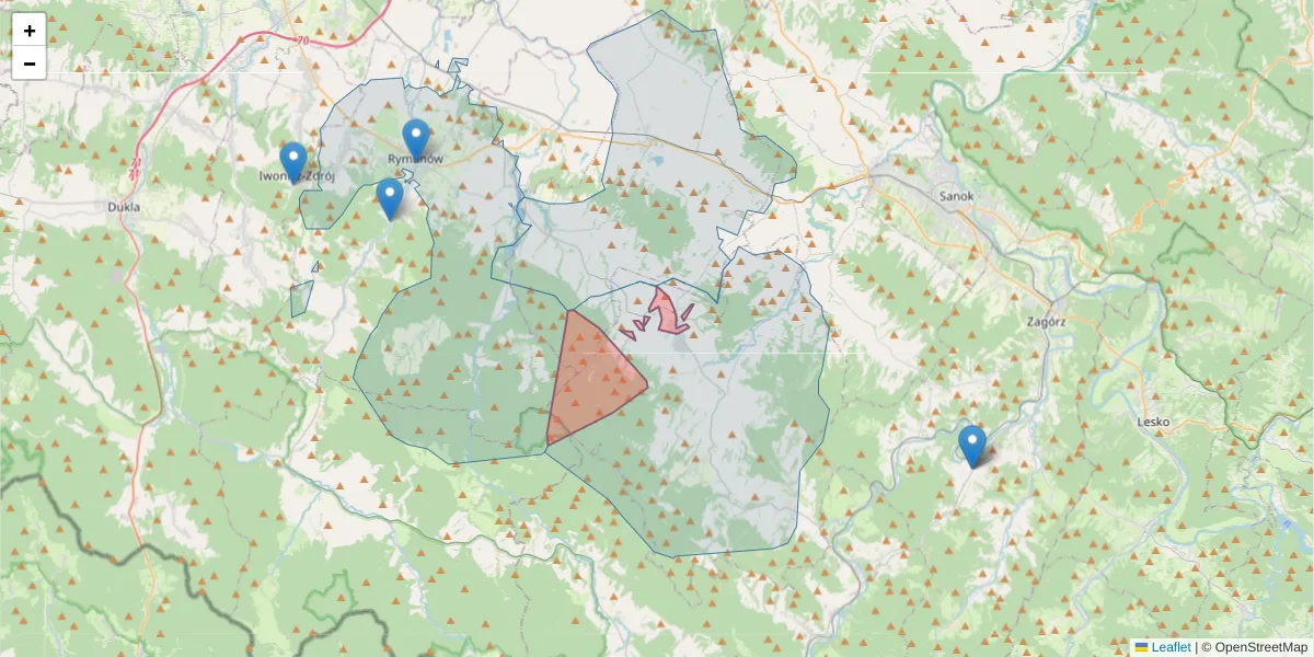 Szczegółowa mapa kodu pocztowego 38-506 z granicami, sąsiednimi kodami pocztowymi i urzędami pocztowymi