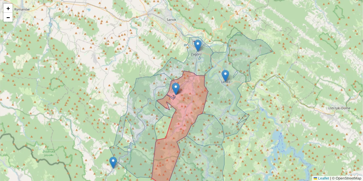 Szczegółowa mapa kodu pocztowego 38-516 z granicami, sąsiednimi kodami pocztowymi i urzędami pocztowymi