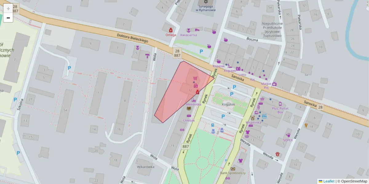 Szczegółowa mapa kodu pocztowego 38-520 z granicami, sąsiednimi kodami pocztowymi i urzędami pocztowymi