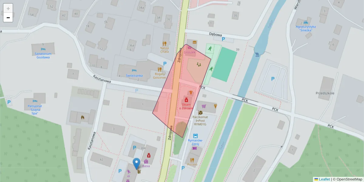 Szczegółowa mapa kodu pocztowego 38-521 z granicami, sąsiednimi kodami pocztowymi i urzędami pocztowymi