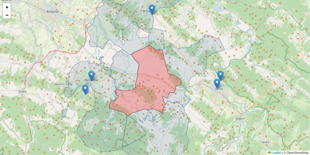 Szczegółowa mapa kodu pocztowego 38-530 z granicami, sąsiednimi kodami pocztowymi i urzędami pocztowymi