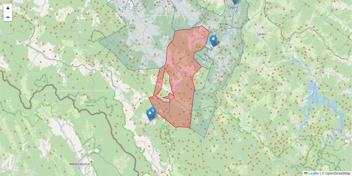 Szczegółowa mapa kodu pocztowego 38-542 z granicami, sąsiednimi kodami pocztowymi i urzędami pocztowymi