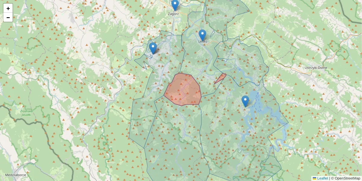 Szczegółowa mapa kodu pocztowego 38-604 z granicami, sąsiednimi kodami pocztowymi i urzędami pocztowymi