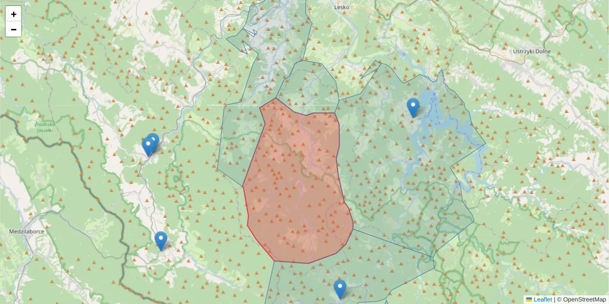 Szczegółowa mapa kodu pocztowego 38-606 z granicami, sąsiednimi kodami pocztowymi i urzędami pocztowymi