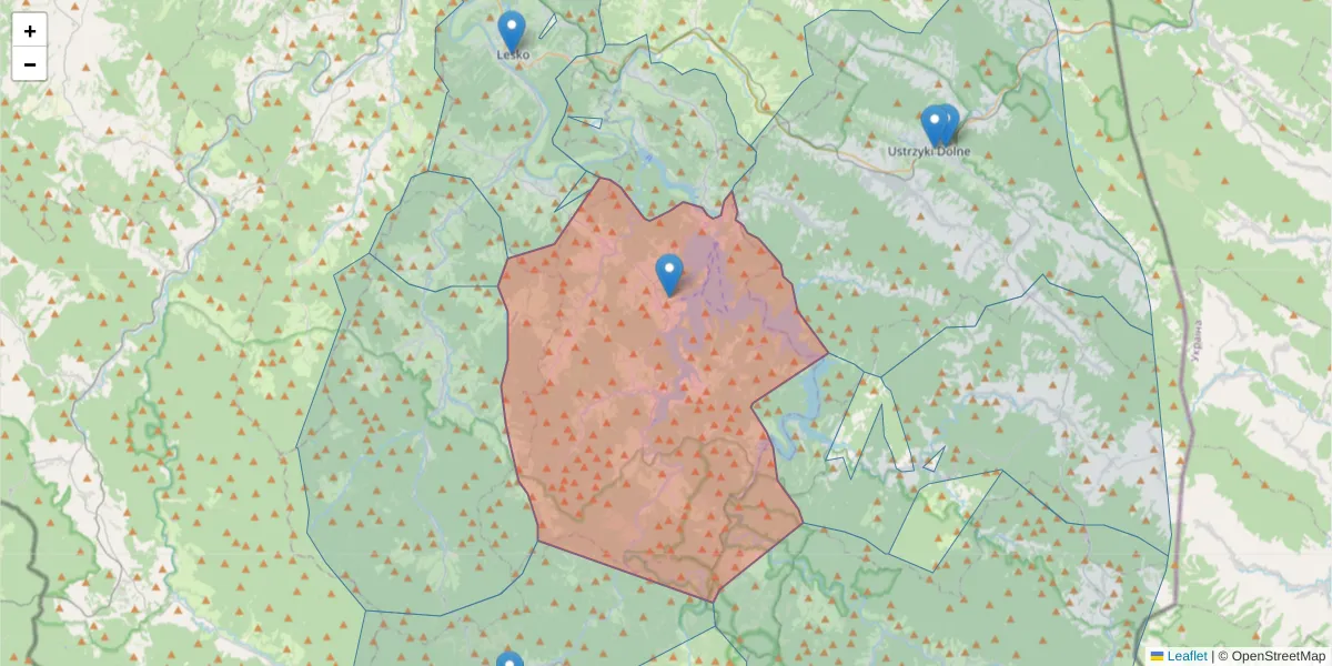 Szczegółowa mapa kodu pocztowego 38-610 z granicami, sąsiednimi kodami pocztowymi i urzędami pocztowymi