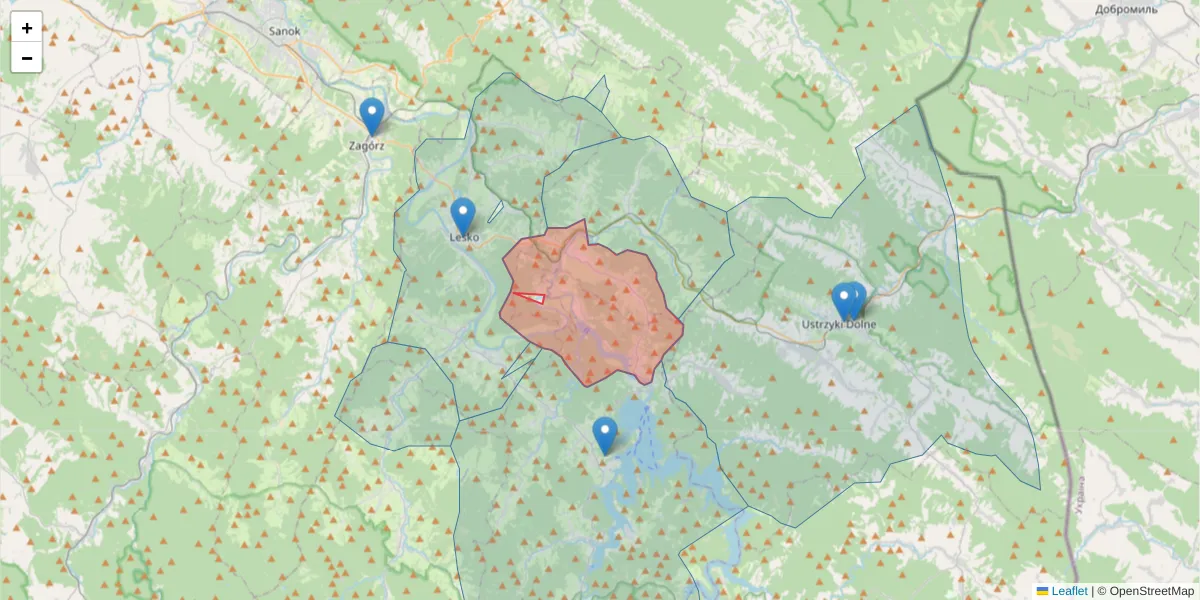 Szczegółowa mapa kodu pocztowego 38-623 z granicami, sąsiednimi kodami pocztowymi i urzędami pocztowymi