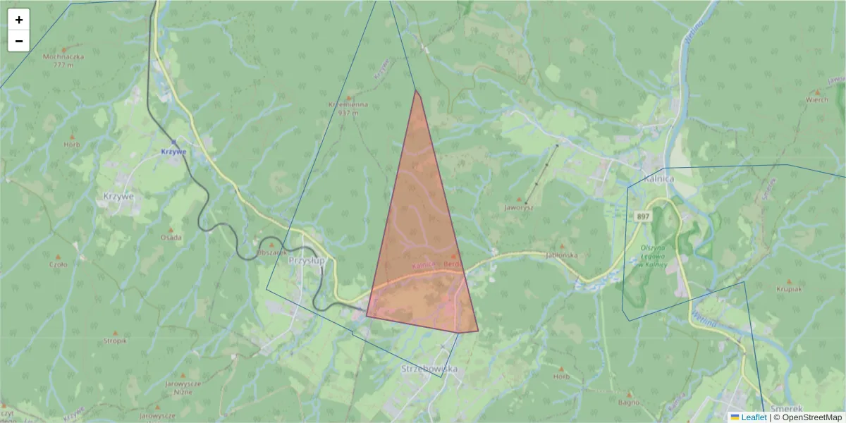 Szczegółowa mapa kodu pocztowego 38-687 z granicami, sąsiednimi kodami pocztowymi i urzędami pocztowymi