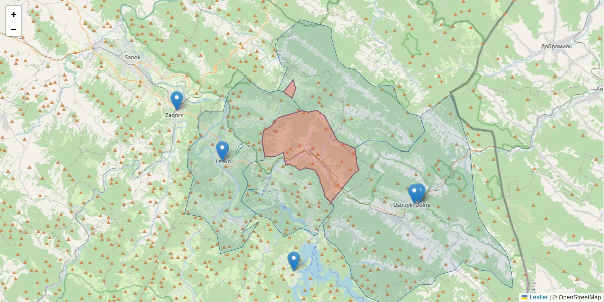 Szczegółowa mapa kodu pocztowego 38-722 z granicami, sąsiednimi kodami pocztowymi i urzędami pocztowymi