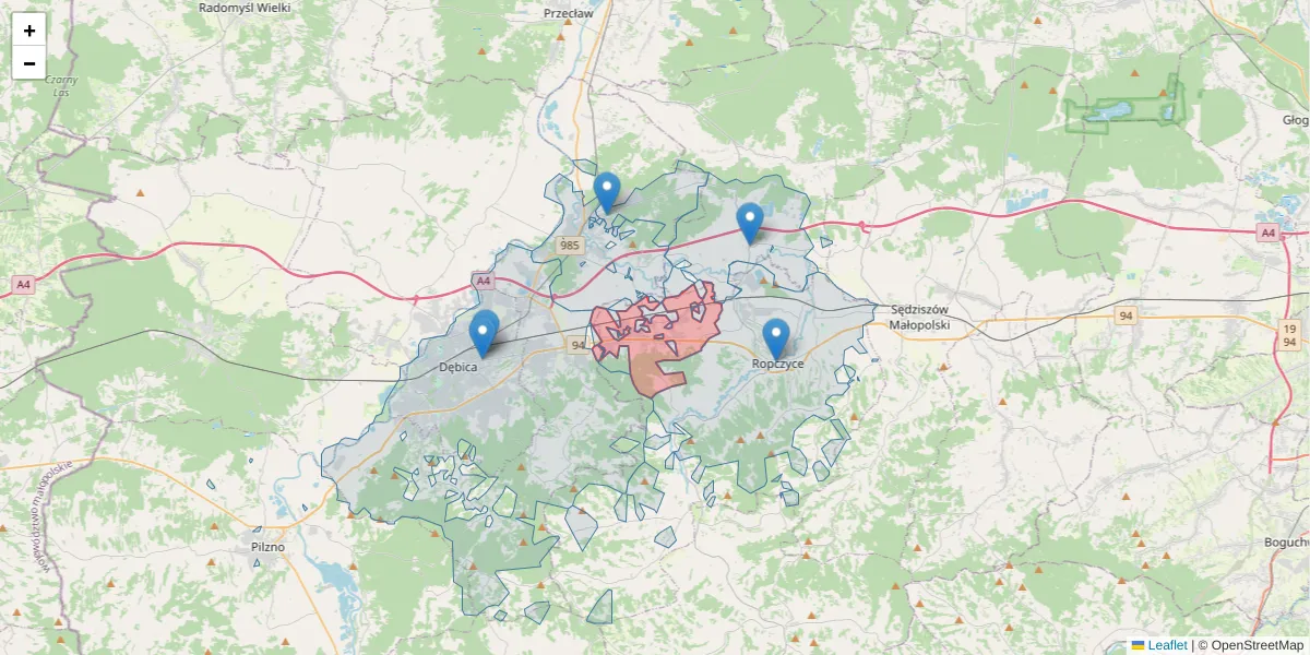 Szczegółowa mapa kodu pocztowego 39-102 z granicami, sąsiednimi kodami pocztowymi i urzędami pocztowymi