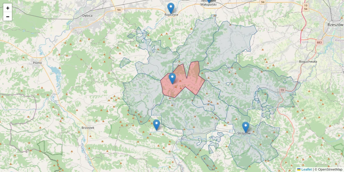 Szczegółowa mapa kodu pocztowego 39-110 z granicami, sąsiednimi kodami pocztowymi i urzędami pocztowymi