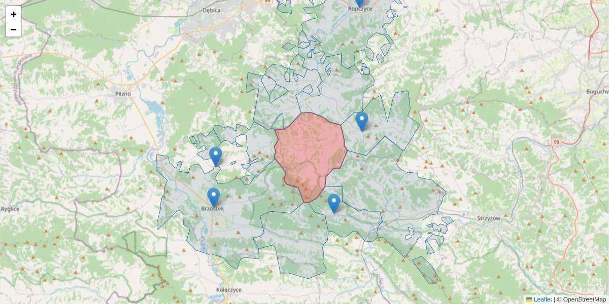 Szczegółowa mapa kodu pocztowego 39-111 z granicami, sąsiednimi kodami pocztowymi i urzędami pocztowymi