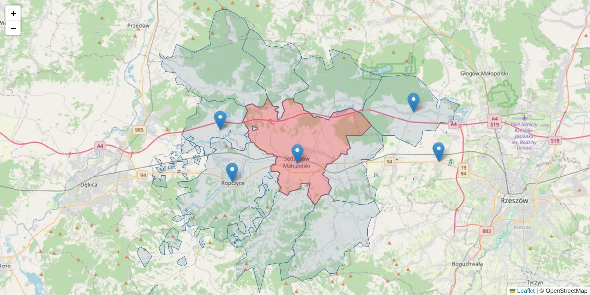 Szczegółowa mapa kodu pocztowego 39-120 z granicami, sąsiednimi kodami pocztowymi i urzędami pocztowymi
