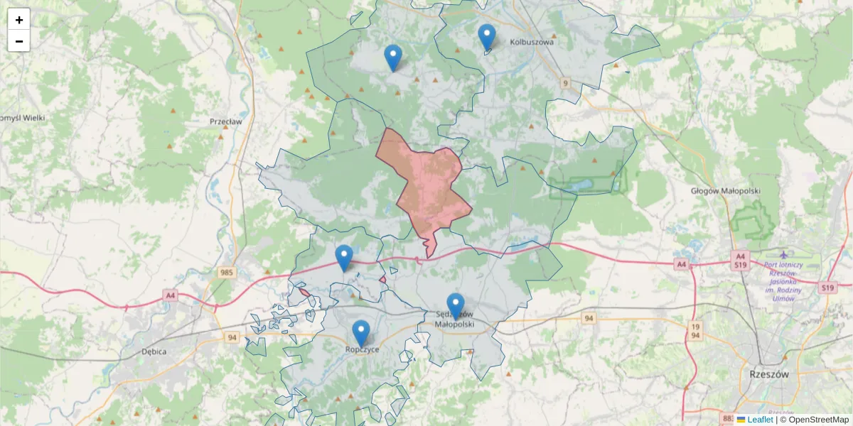 Szczegółowa mapa kodu pocztowego 39-122 z granicami, sąsiednimi kodami pocztowymi i urzędami pocztowymi
