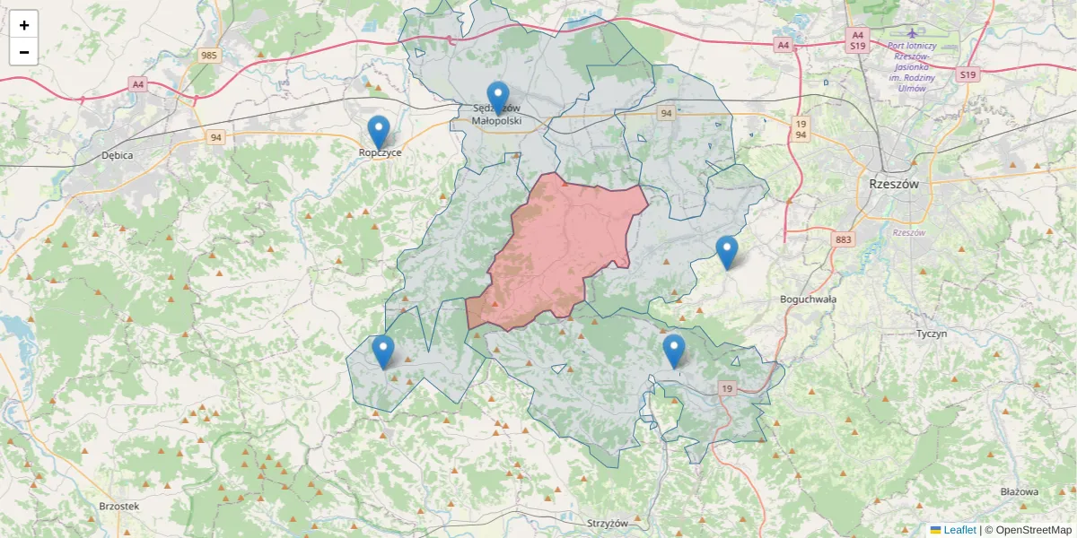 Szczegółowa mapa kodu pocztowego 39-124 z granicami, sąsiednimi kodami pocztowymi i urzędami pocztowymi