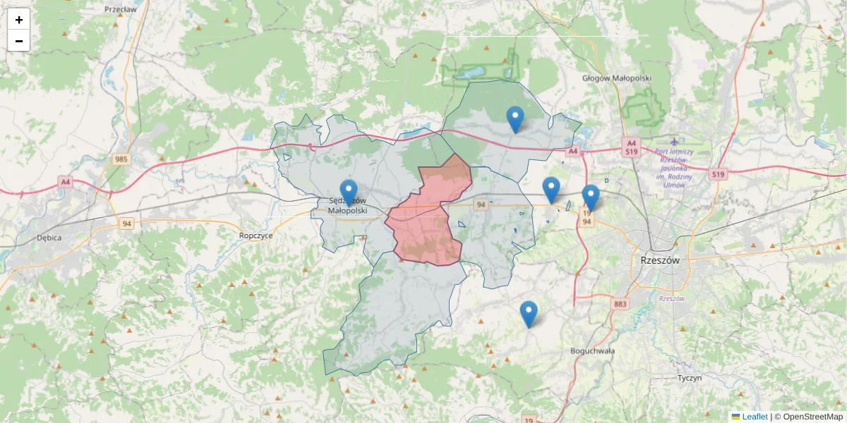Szczegółowa mapa kodu pocztowego 39-127 z granicami, sąsiednimi kodami pocztowymi i urzędami pocztowymi