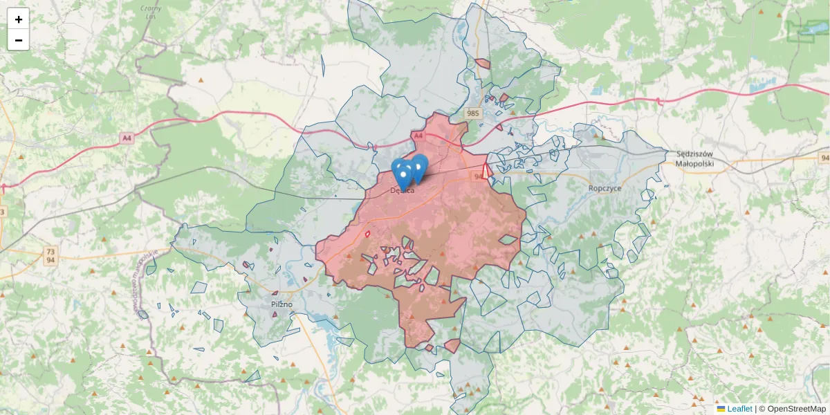 Szczegółowa mapa kodu pocztowego 39-200 z granicami, sąsiednimi kodami pocztowymi i urzędami pocztowymi