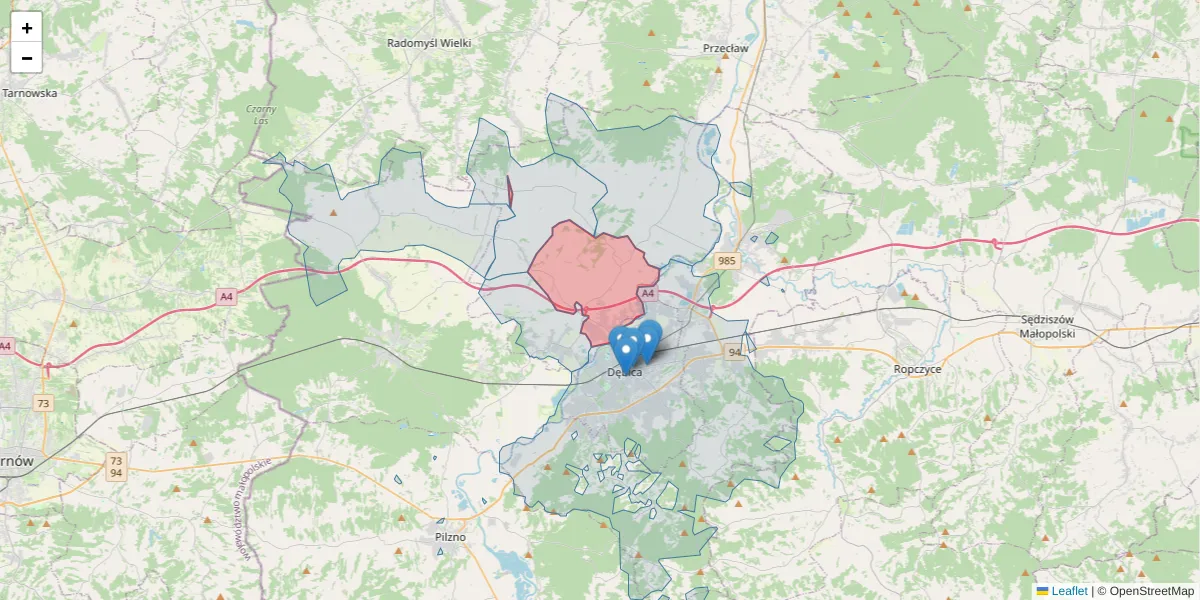 Szczegółowa mapa kodu pocztowego 39-204 z granicami, sąsiednimi kodami pocztowymi i urzędami pocztowymi