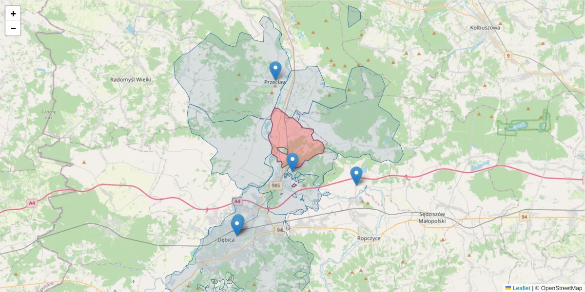 Szczegółowa mapa kodu pocztowego 39-205 z granicami, sąsiednimi kodami pocztowymi i urzędami pocztowymi
