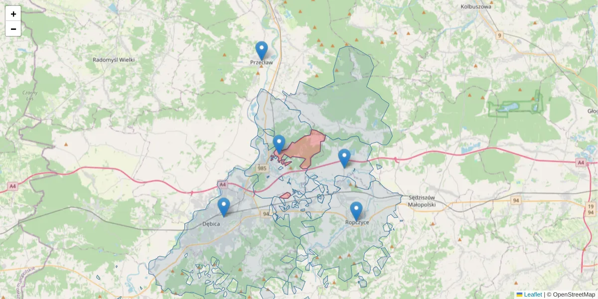 Szczegółowa mapa kodu pocztowego 39-206 z granicami, sąsiednimi kodami pocztowymi i urzędami pocztowymi