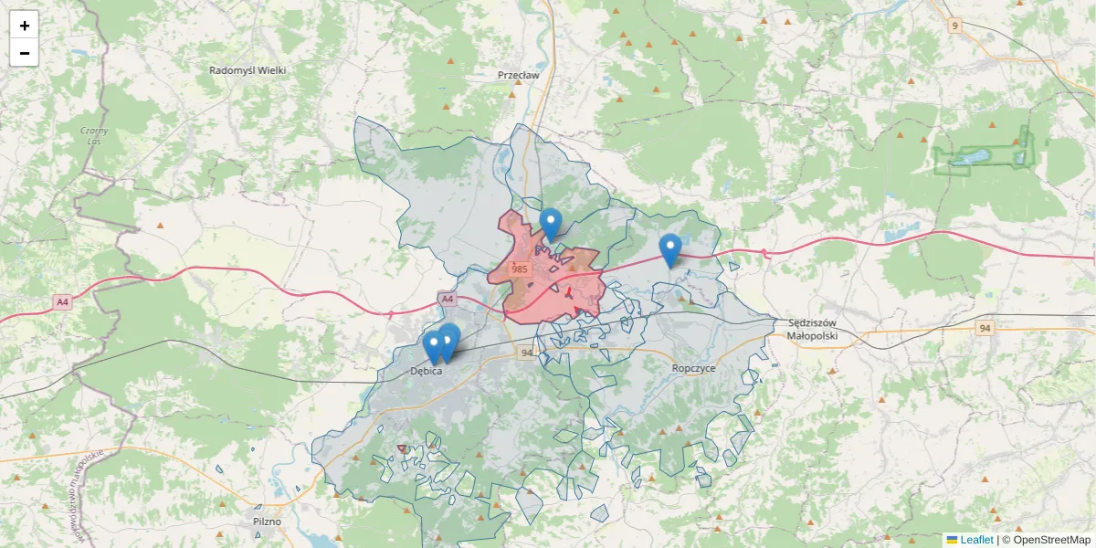 Szczegółowa mapa kodu pocztowego 39-207 z granicami, sąsiednimi kodami pocztowymi i urzędami pocztowymi