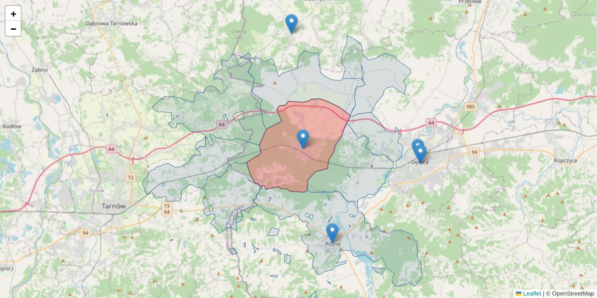 Szczegółowa mapa kodu pocztowego 39-215 z granicami, sąsiednimi kodami pocztowymi i urzędami pocztowymi