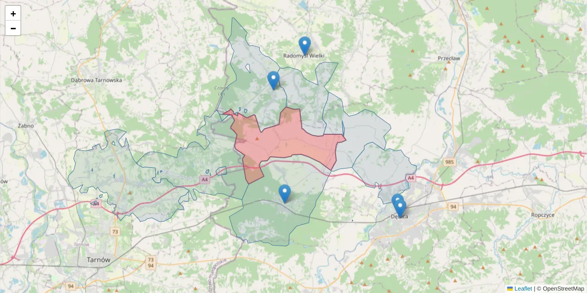 Szczegółowa mapa kodu pocztowego 39-216 z granicami, sąsiednimi kodami pocztowymi i urzędami pocztowymi