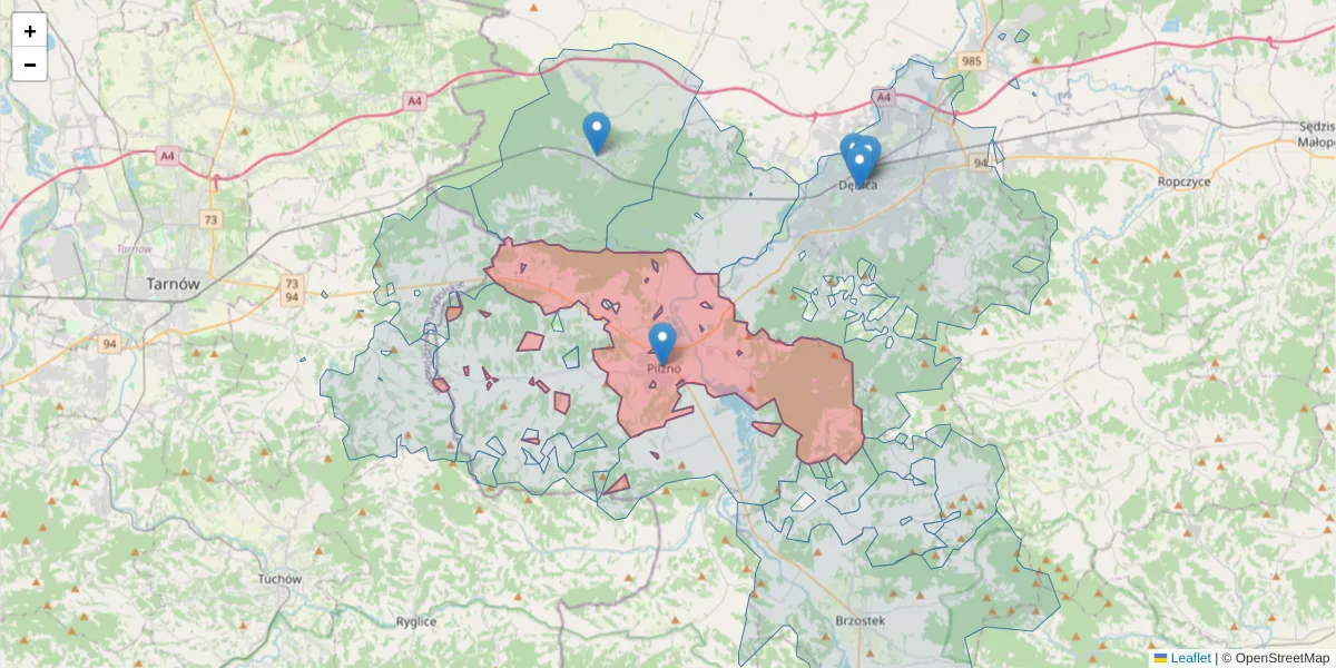 Szczegółowa mapa kodu pocztowego 39-220 z granicami, sąsiednimi kodami pocztowymi i urzędami pocztowymi