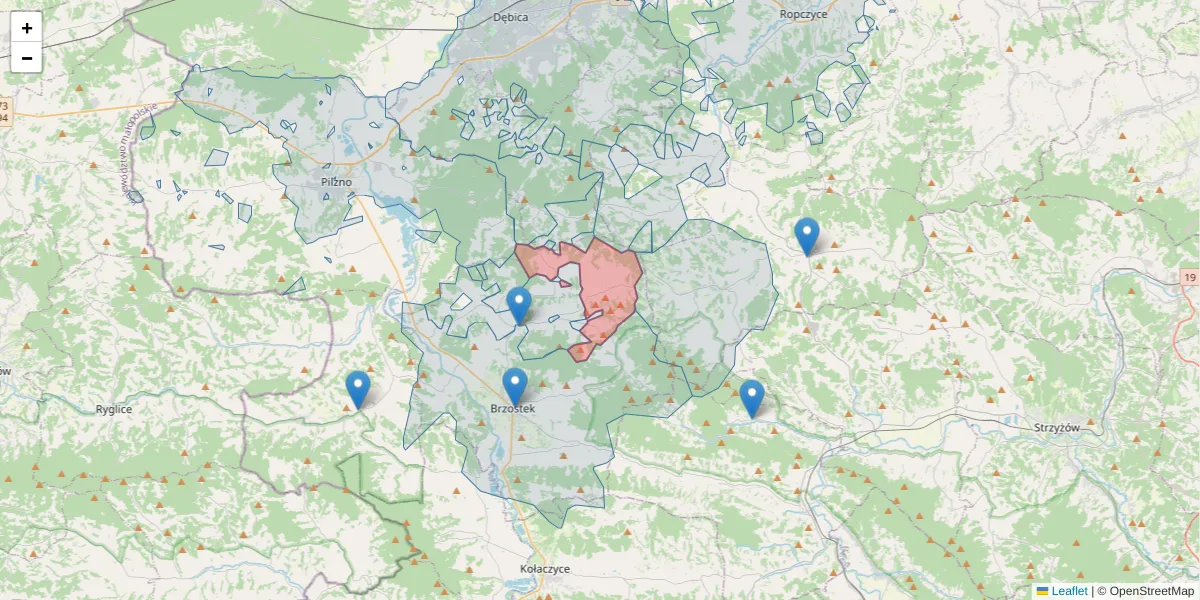 Szczegółowa mapa kodu pocztowego 39-232 z granicami, sąsiednimi kodami pocztowymi i urzędami pocztowymi