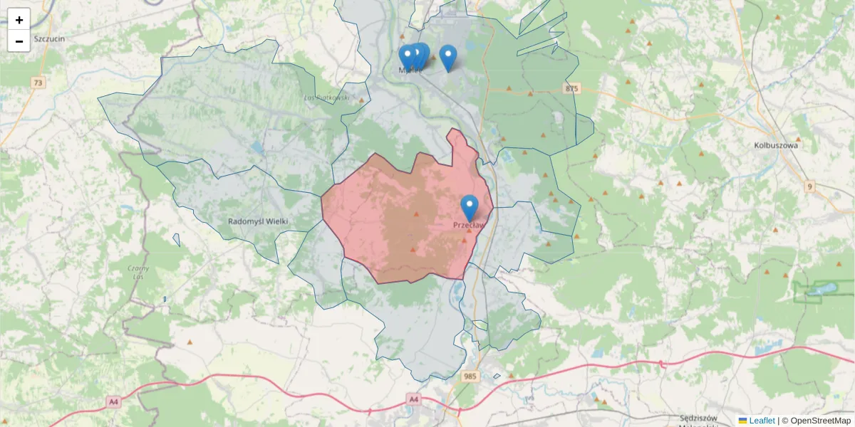 Szczegółowa mapa kodu pocztowego 39-320 z granicami, sąsiednimi kodami pocztowymi i urzędami pocztowymi