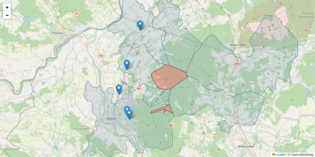 Szczegółowa mapa kodu pocztowego 39-333 z granicami, sąsiednimi kodami pocztowymi i urzędami pocztowymi