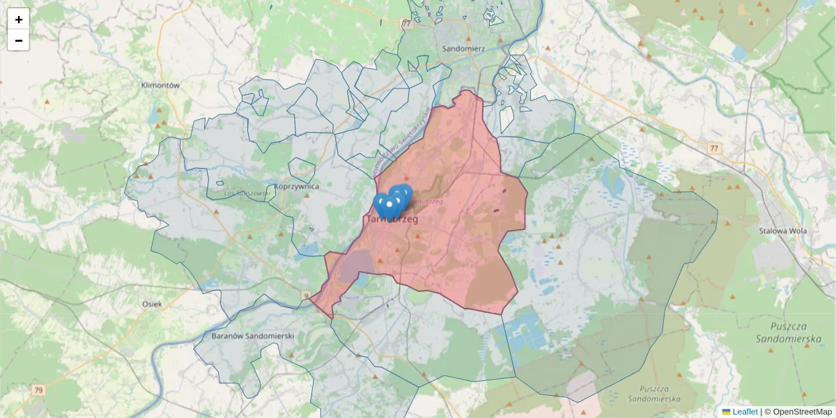 Szczegółowa mapa kodu pocztowego 39-400 z granicami, sąsiednimi kodami pocztowymi i urzędami pocztowymi