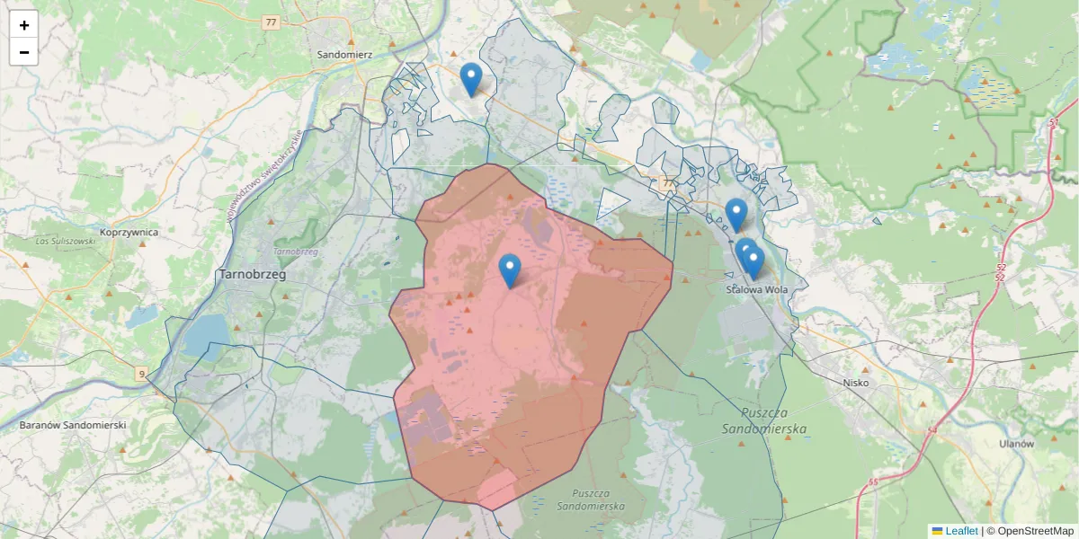 Szczegółowa mapa kodu pocztowego 39-410 z granicami, sąsiednimi kodami pocztowymi i urzędami pocztowymi