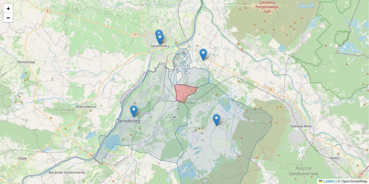 Szczegółowa mapa kodu pocztowego 39-441 z granicami, sąsiednimi kodami pocztowymi i urzędami pocztowymi