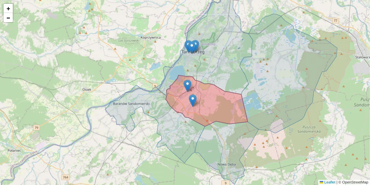 Szczegółowa mapa kodu pocztowego 39-442 z granicami, sąsiednimi kodami pocztowymi i urzędami pocztowymi