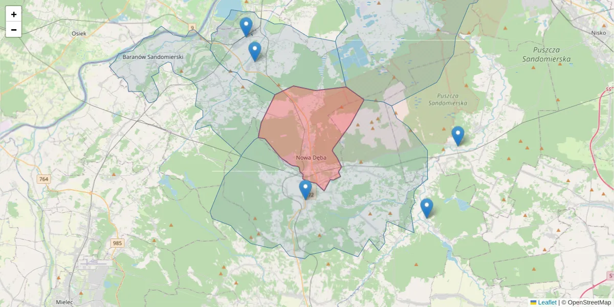 Szczegółowa mapa kodu pocztowego 39-460 z granicami, sąsiednimi kodami pocztowymi i urzędami pocztowymi