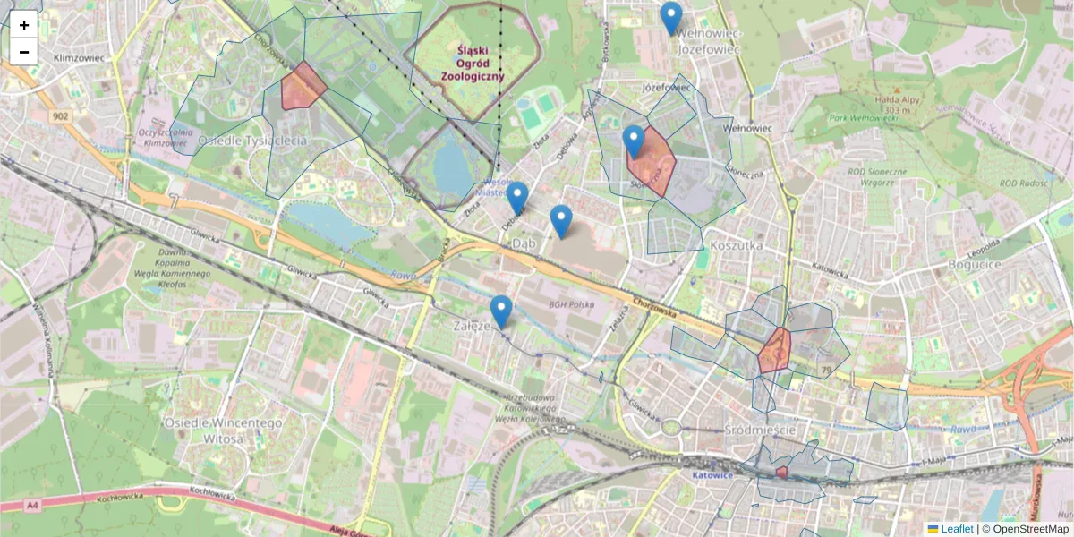 Szczegółowa mapa kodu pocztowego 40-001 z granicami, sąsiednimi kodami pocztowymi i urzędami pocztowymi