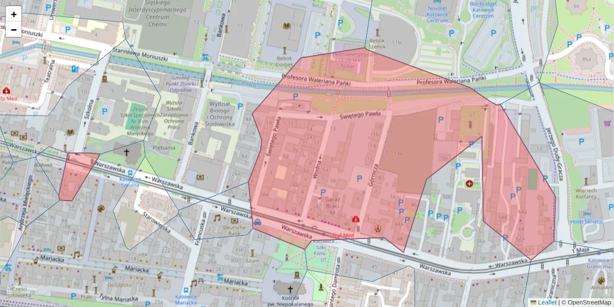 Szczegółowa mapa kodu pocztowego 40-008 z granicami, sąsiednimi kodami pocztowymi i urzędami pocztowymi