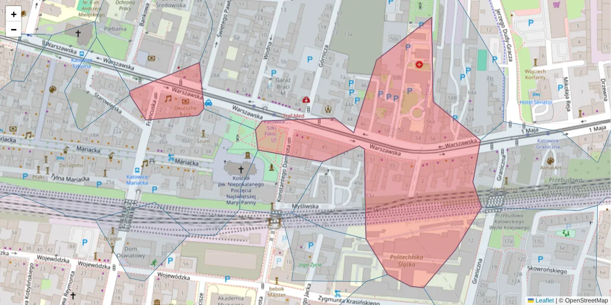Szczegółowa mapa kodu pocztowego 40-010 z granicami, sąsiednimi kodami pocztowymi i urzędami pocztowymi