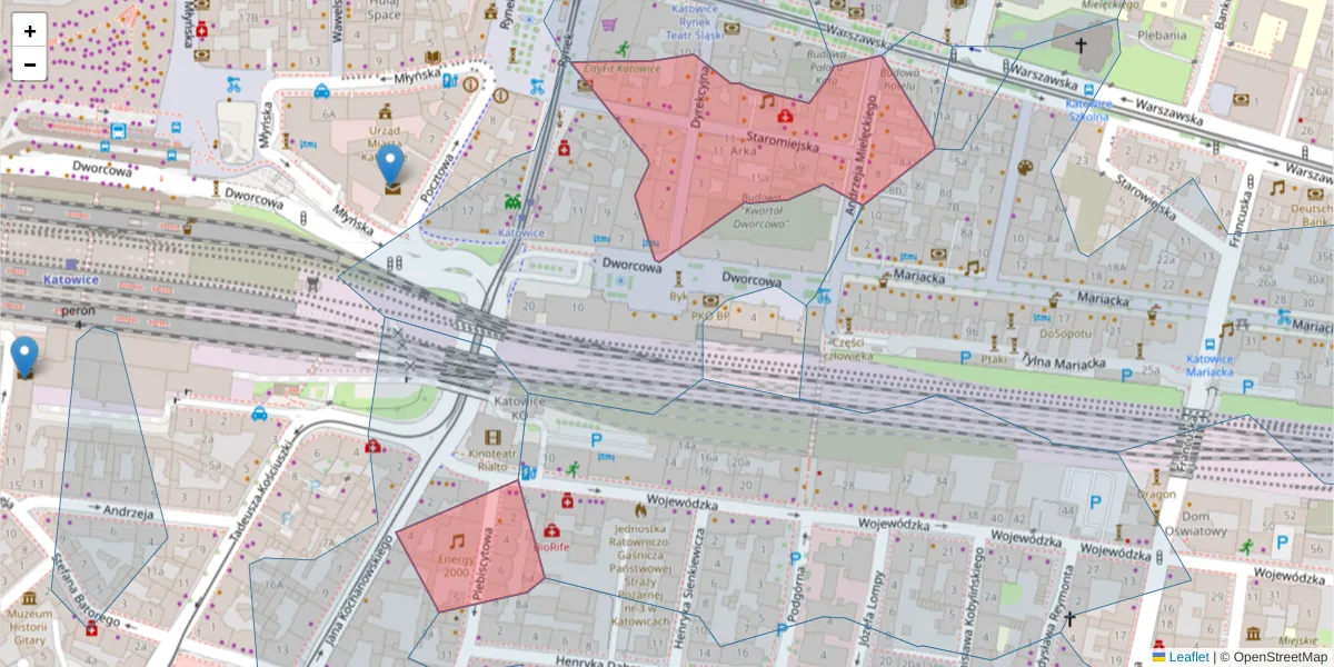 Szczegółowa mapa kodu pocztowego 40-013 z granicami, sąsiednimi kodami pocztowymi i urzędami pocztowymi