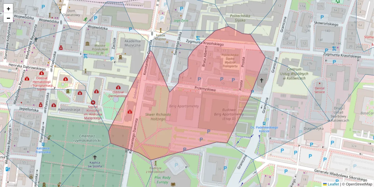 Szczegółowa mapa kodu pocztowego 40-020 z granicami, sąsiednimi kodami pocztowymi i urzędami pocztowymi