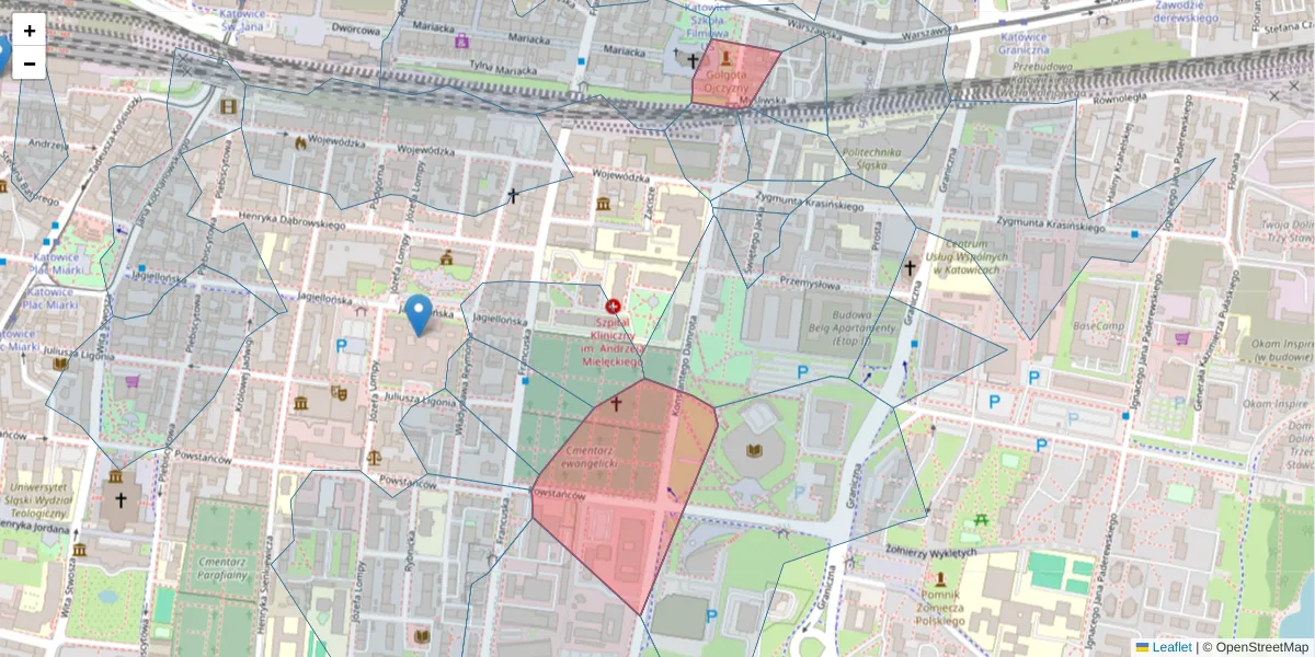 Szczegółowa mapa kodu pocztowego 40-022 z granicami, sąsiednimi kodami pocztowymi i urzędami pocztowymi