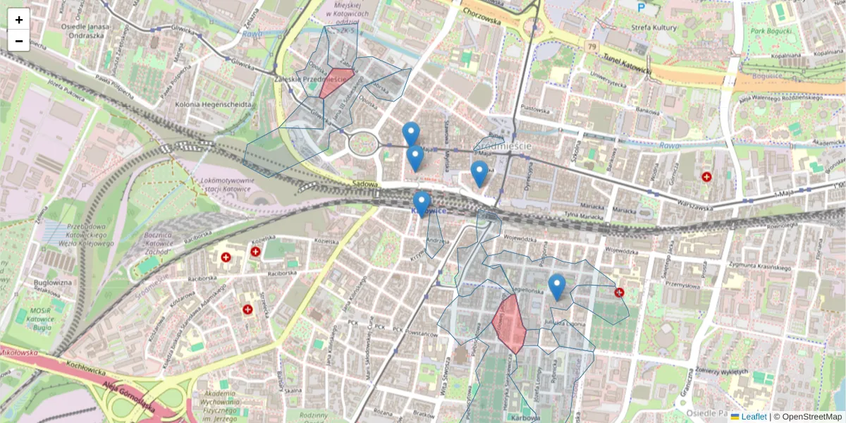 Szczegółowa mapa kodu pocztowego 40-031 z granicami, sąsiednimi kodami pocztowymi i urzędami pocztowymi
