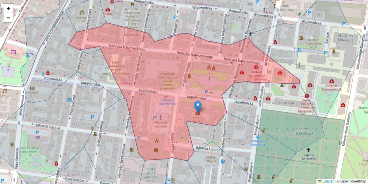 Szczegółowa mapa kodu pocztowego 40-032 z granicami, sąsiednimi kodami pocztowymi i urzędami pocztowymi