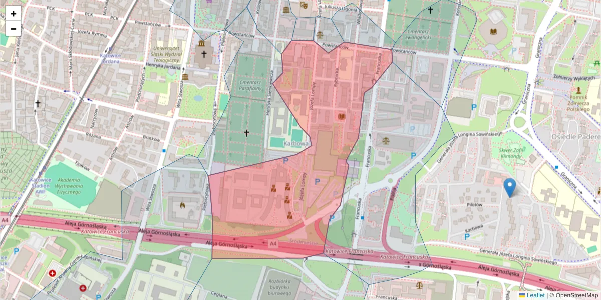 Szczegółowa mapa kodu pocztowego 40-038 z granicami, sąsiednimi kodami pocztowymi i urzędami pocztowymi